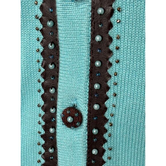 Vintage Sweater Teal Brown Leather Pearls Beads Western Button-up Cardigan Large - Picture 4 of 10
